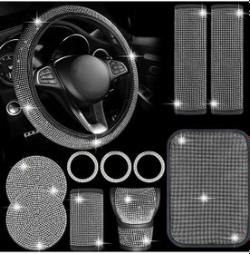 Resim Xiyyadms 11 Parçalık Lüks Araç İçi Aksesuar Seti - Elmaslı Direksiyon Kılıfı, Vites Kapağı Ve Daha Fazlası 