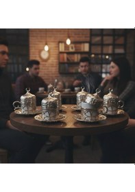 Resim Yonca Desenli 6 Kişilik Porselenli Kapaklı 24 Parça Gümüş Renk Fincan Seti Gümüş 