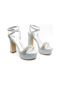 Resim Feles 13 Cm Yüksek Platform Tek Bant Topuklu Taşlı Kadın Abiye Ayakkabı Gümüş 