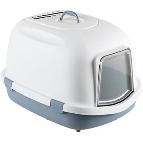 Resim Stefanplast Super Queen Sert Plastik Kapalı Kedi Tuvaleti Beyaz/Mavi Kedi Tuvaleti 55x71x46.5 Cm 