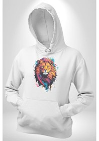 Resim Renkli Yağlı Boya Aslan Kadın Erkek Beyaz Kapüşonlu Sweatshirt Hoodie Beyaz 