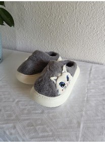 Resim Kadın Kedili Peluş Rahat Ev Terliği 25bnt133 Gri 