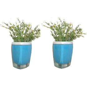 Resim 2 Adet Vazo Dahil,vazoda Çiçek,beyaz Yapay Çiçek,vazo Dekoratif Gri Mavi Poliresin 8x4x16cm Çok Renkli 