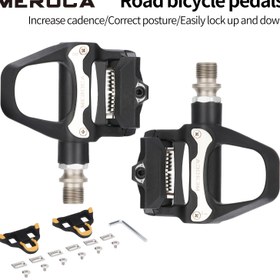 Resim MEROCA-R26 yol bisikleti kilitleme pedalı, kilitleme pedalı, kilitleme plakalı rulman pedalı SPD sistemi, ayarlanabilir gerilim tasarımı, standart dişli delik 14mm 