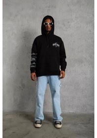 Resim Erkek Baskılı Kapüşonlu ve Kordon İpli Sweat - Siyah 