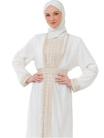Resim Zaytoon Tesettür Abiye Filistin Mirası Nakışlı İki Parçalı İç Elbiseli Kemerli Abaya Set 