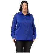 Resim Büyük Beden Saten Dokulu Manşetli Saks Mavi Gömlek Saks Saks Mavi 