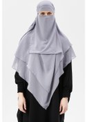 Resim Hazır Pratik Şifon Üç Katlı Peçeli Üçgen Hac Umre Şalı Sufle Hijab Nikap Gri 