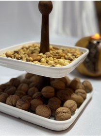 Resim Aless 2 Katlı Ahşap Kulplu Seramik Sunumluk Çerezlik Meyvelik 