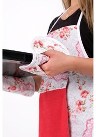 Resim Flower 4lü Set Mutfak Önlüğü Havlulu Mutfak Önlüğü Fırın Eldiveni Ve Tutacak Kırmızı 