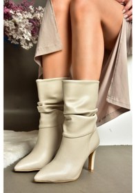Resim Fox Shoes R404020309 Bej İnce Topuklu Büzgülü Kadın Bot Bej 