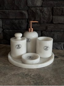 Resim Beyaz Mermer Rose Gold Pompalı, Pamukluk Kendinden Tutmalı 5'li Set Beyaz 