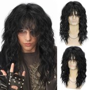 Resim 1 adet Erkekler için 70'ler 80'ler Rock Punk Peruk, Uzun Isıya Dayanıklı Kıvırcık Saçlı, Tema Partileri, Müzik Festivalleri, Halloween & Cosplay için Nefes Alabilir Ağ Kapaklı (Siyah, Vintage Rockstar Kostüm Sentetik Saç) 