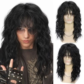 Resim 1 adet Erkekler için 70'ler 80'ler Rock Punk Peruk, Uzun Isıya Dayanıklı Kıvırcık Saçlı, Tema Partileri, Müzik Festivalleri, Halloween & Cosplay için Nefes Alabilir Ağ Kapaklı (Siyah, Vintage Rockstar Kostüm Sentetik Saç) 