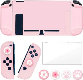 Resim OLDZHU Pembe Takılabilir Koruyucu Kılıf Nintendo Switch Joy-Con Kontrolörleri ile Uyumlu, Cam Ekran Koruyucu, 4 Başparmak Kavrama Kapağı, Darbe Emici ve Çizik, Nintendo Anahtarı için Pembe Aksesuarlar 