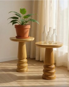 Resim ASELYA HOME Doğal Ahşap 2’li Set Mantar Yan Sehpa Modern Vernikli Fiskos Zigon Çiçeklik 