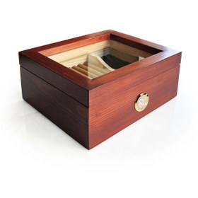 Resim Mezmob Masif Yerli Sedir Ağacı Humidor Puro Kutusu Camlı 2 Bölmeli Analog 
