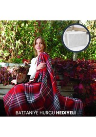 Resim Pikas Sesli Home Comfort Pamuklu Ekose Skoç Battaniye Kırmızı Gri 