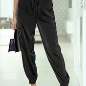 Resim Kadınlar için Rahat Siyah Kargo Jogger Pantolonlar, Elastik Bel ve Çoklu Cepli - Nefes Alabilen Polyester Karışımı, Makinede Yıkanabilir 