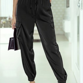 Resim Kadınlar için Rahat Siyah Kargo Jogger Pantolonlar, Elastik Bel ve Çoklu Cepli - Nefes Alabilen Polyester Karışımı, Makinede Yıkanabilir 
