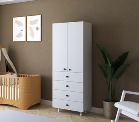 Resim Lilya Bebek Odası Dolap - 2 Kapaklı 4 Çekmeceli Askılık Dolap (Suntalam) - Beyaz / 60 cm / 30 cm 