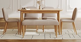 Resim Lyno 77x140 Sabit Yemek Masası Takımı (Roa Bench & 4 Venn Sandalye) - Kadife - Hardal / Açık 