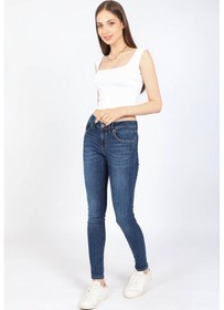 Resim Kadın Orta Bel Streç Jean Pantolon Koyu Mavi 