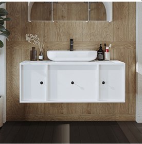 Resim Gusto Ayaksız Oval Lavabolu Mdf 120 Cm Çekmeceli Banyo Dolabı Byz Mat Beyaz 