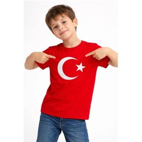 Resim Barlashive Erkek Çocuk Tişört Bisiklet Yaka Ay Yıldız Bayrak Baskılı T-shirt - Kırmızı Çok Renkli 