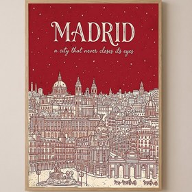 Resim Madrid Line Art Print - Cherry Red Royal Palace Plaza Mayor Skyline Wall Art - Wooden Frame - Natural / 24 x 36" (60x90 cm) 