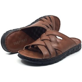 Resim Taşpınar İçi Dışı %100 Deri Ortopedik Erkek Yazlık Rahat Terlik Sandalet 40-45 Taba 