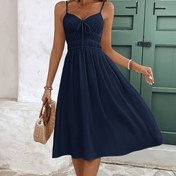 Resim Kadınlar İçin Şık A Kesim Kolsuz Elbise - Lacivert İnce Askılı Orta Boy Makinede Yıkanabilir Düz Renk İlkbahar Yaz Günlük ve Yarı Resmi Giyim, Mevsimsel Moda, Eşit Siluet Tasarım, Pürüzsüz Kumaş Dokusu 