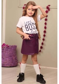 Resim Riccotarz Kız Çocuk Little Boss Yazı Baskılı T-shirt Cep Detaylı Kemerli Bordo Deri Etekli Takım Bordo 