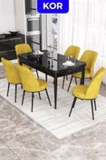 Resim Canisa Kor Serisi 70x114 Açılabilir Mutfak Masası Takımı Siyah Mermer Desen Masa 6 Hardal Sandalye 
