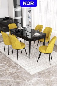 Resim Canisa Kor Serisi 70x114 Açılabilir Mutfak Masası Takımı Siyah Mermer Desen Masa 6 Hardal Sandalye 