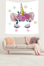Resim Pelangi Pembe Unicorn Desenli Leke Tutmaz Kadife Dokulu Kumaş Duvar Örtüsü Duvar Halısı Tapestry WLL162, 70 x 70 