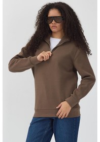 Resim Polostate Unisex Regular Fit Rahat Kesim Pamuklu Içi Polarlı Yarım Fermuarlı Kahverengi Dik Yaka Sweatshirt Kahverengi 