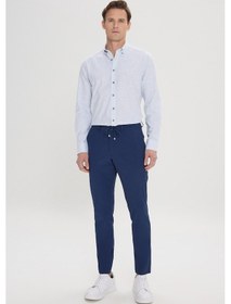 Resim AC&Co / Altınyıldız Classics Erkek Lacı Slim Fit Dar Kesim Beli Bağlamalı Yan Cep Gofre Desenli Pantolon Lacivert 