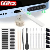 Resim 66 parça evrensel telefon hoparlör portu toz temizleme aracı seti, iPhone Samsung Xiaomi evrensel telefonlar için toz temizleme fırçası içerir; 25 adet pamuklu çubuk + yumuşak fırça + 24 telefon hoparlörü hava filtresi + 5 toz tıkaç + 1 cımbız 
