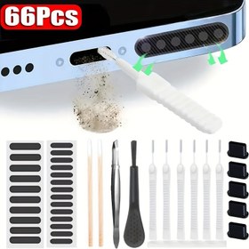 Resim 66 parça evrensel telefon hoparlör portu toz temizleme aracı seti, iPhone Samsung Xiaomi evrensel telefonlar için toz temizleme fırçası içerir; 25 adet pamuklu çubuk + yumuşak fırça + 24 telefon hoparlörü hava filtresi + 5 toz tıkaç + 1 cımbız 