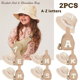 Resim 2'li Çocuklar için 26 harf desenli balıkçı şapkası ve göğüs çantası seti, moda nefes alabilir vizör, küçük cüzdan, erkek ve kız çocukları için ilkbahar ve yaz günlük gezintiye uygun, parti oyun maçı, hediye olarak kullanıma uygundur 