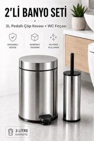 Resim Sas Haus 3Lt Krom 2'Li Banyo Seti Pedallı Çöp Kovası Wc Klozet Tuvalet Fırça Seti Banyo Çöp Kovası 