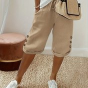 Resim Kadınlar için Düz Renkli İpli ve Düğme Detaylı Rahat Pantolonlar - Hafif Yazlık Gezinti ve Seyahat Kıyafeti, Bej, Makinede Yıkanabilir, Serbest Kesim Aktivite Pantolonları, Dayanıklı Kumaş 