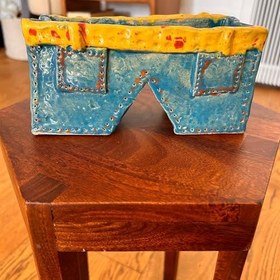 Resim El Yapımı Seramik Jean Şort Vazo ve Kalemlik, 19x10x7 cm, Mavi Vazo 