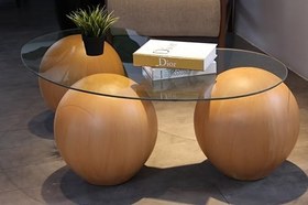 Resim Modern Orta Sehpa & Küre Sehpa & Top Sehpa & 41 Cm Şeffaf Fasulye Cam & Meşe Top 