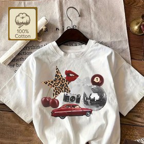 Resim Kadınlar İçin %100 Pamuk Retro Grafik Tişört - Kiraz Disko Topu ve Leopar Dudak Desenli Vintage Araba Baskılı, Yumuşak Pembe Kısa Kollu Yazlık Üst, İlkbahar Yaz Sonbahar Mevsimi Modası, Makinede Yıkanabilir Tişört 