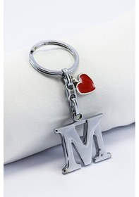 Resim Kırmızı Metal Kalpli Gümüş Renkli Metal M Harfi Anahtarlık /minik 