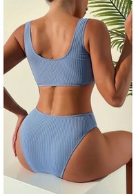 Resim Angelsin Özel Fitilli Kumaş Yüksek Bel Tankini Bikini Takım Mavi 