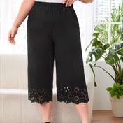 Resim Plus Beden Kadınlar için Elastik Bel Düz Paça Pantolon - Dantel Gibi Kesim Detaylı Siyah Renk, Orta Uyluk Uzunluğu Esnemez Günlük Pantolonlar İlkbahar/Yaz İçin, Ortadoğu Esintili Zarafet Koleksiyonu, İlkbahar Yaz Giyimi, Esneksiz Kumaş 