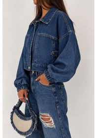 Resim Noa & Noa Kadın Açık Mavi Kısa Denim Ceket Elastik Manşetli Crop Model Lacivert 